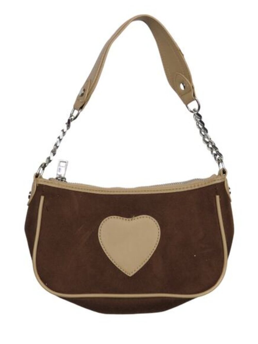SHEIN Y2K Brown and Tan Heart Baguette Bag Shoulder Bag Silver Chain Strap Purse